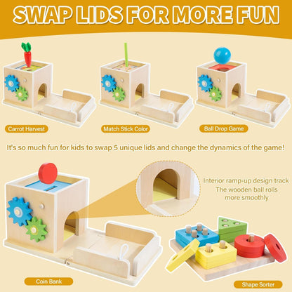 Wooden Montessori Baby Toys, 8-in-1 Wooden Play Kit Includes Object Permanent Box, Coin Box, Carrot Harvest, Shape Sorting & Stacking - Montessori Toys for Boys Girls Toddlers