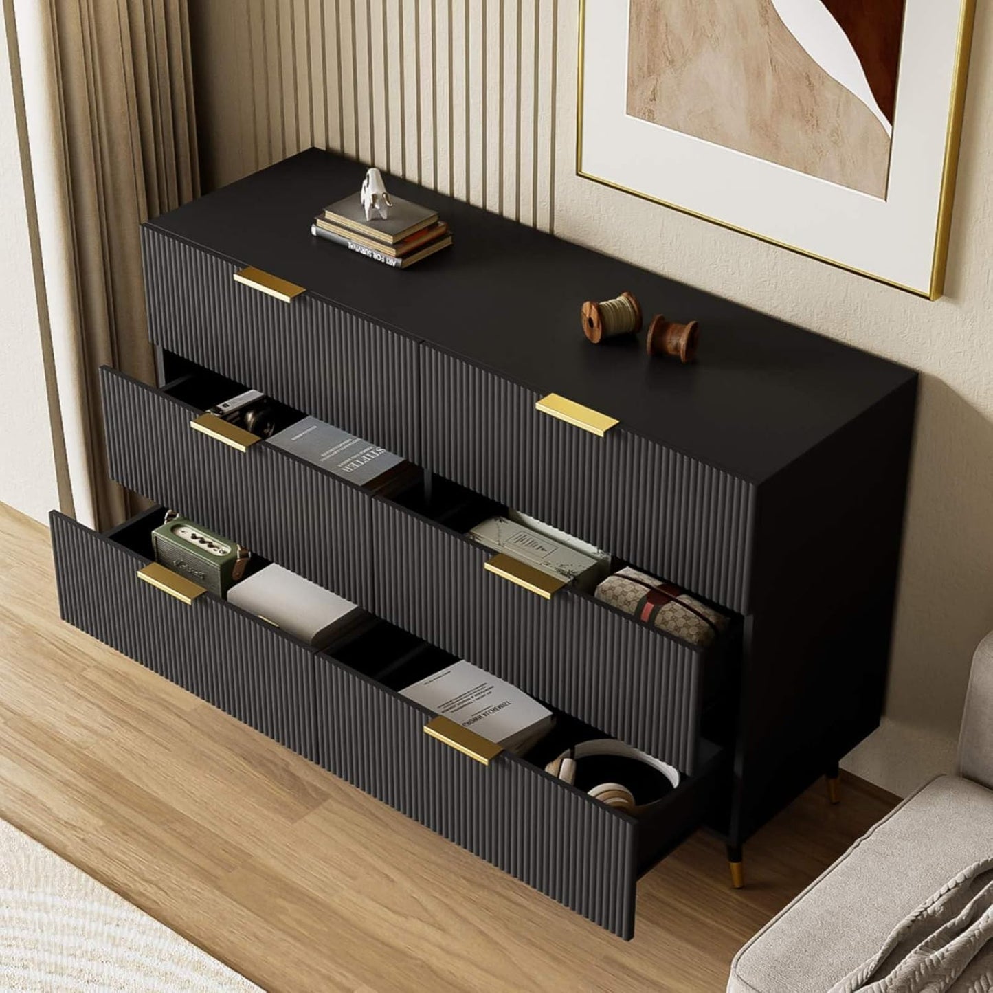 KOMHTOM Black Bedroom Chest of Drawers Multi-Purpose Cabinet Modern Entrance Cabinet with Gold Legs and Handles Bedroom Furniture