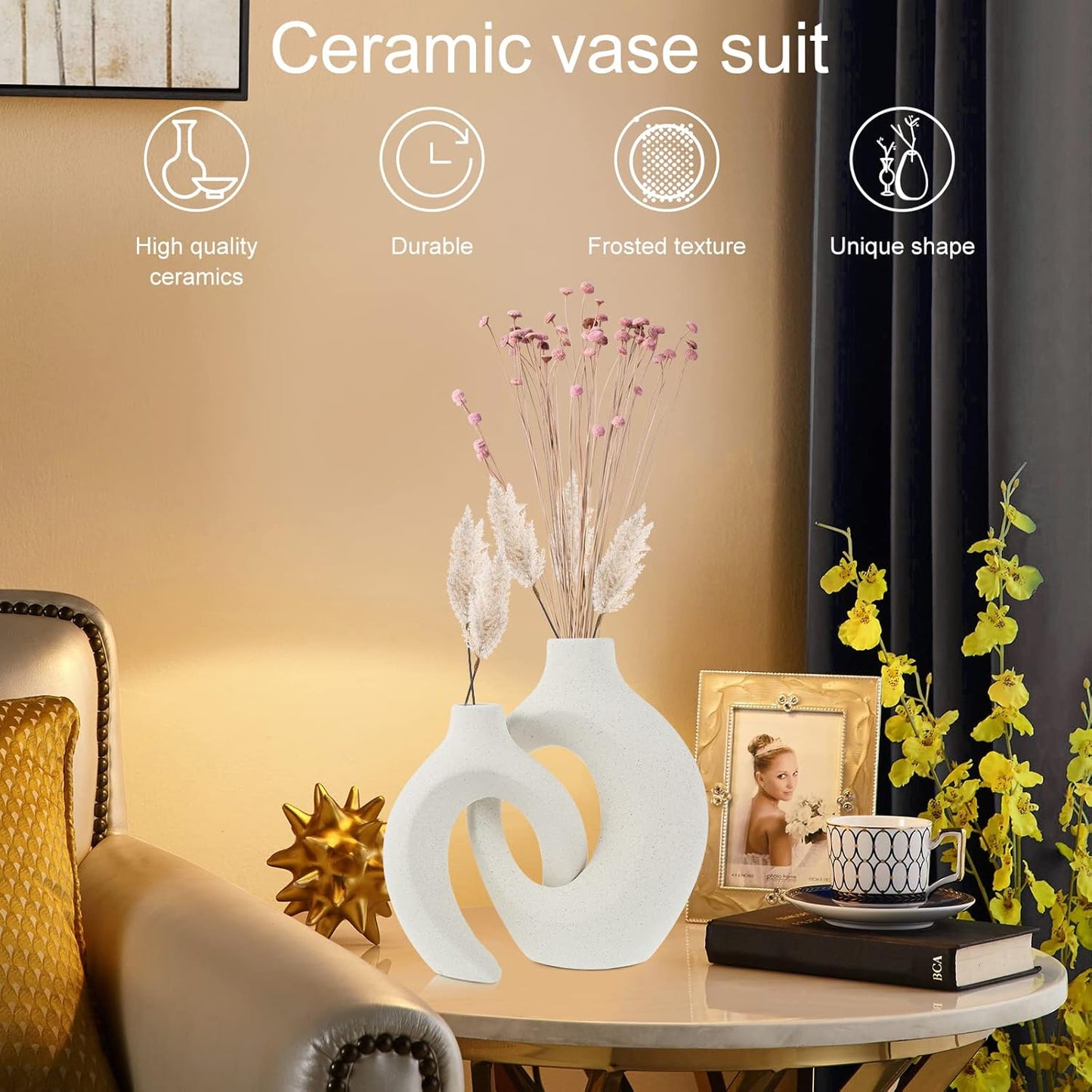 Abizarch 2Pcs Hollow Ceramic Vase Set, Nordic Modern Boho ins Style Decorative Ceramic Aesthetic Flower Vase for Home Decor, Large Modern Ceramic Flower Vases for Wedding Party Dinner