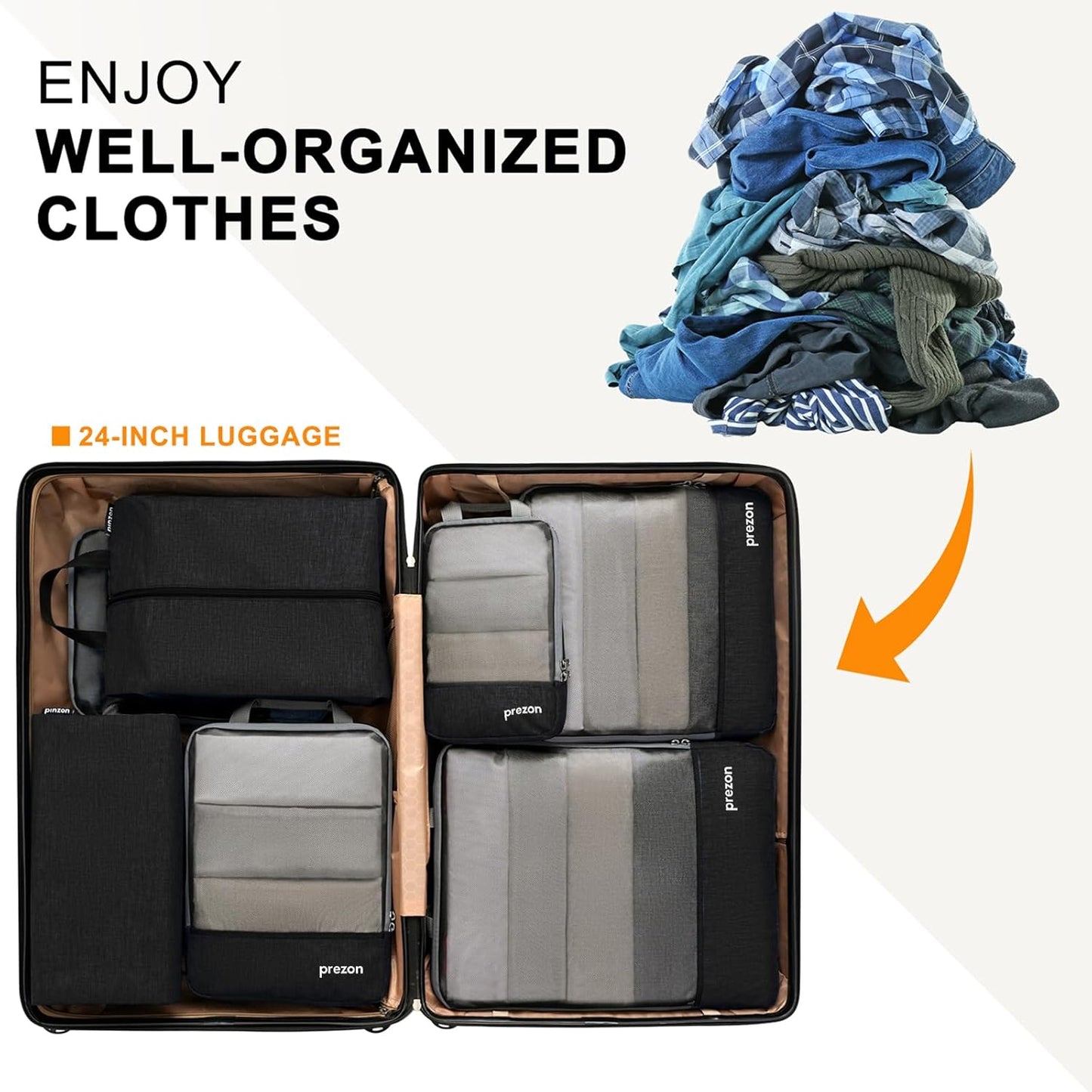 Prezon Compression Packing Cubes with Travel Shoes Bag and Laundry Bag, Luggage Organiser Set, Extensible Suitcase Organiser, Packing Organisers for Suitcases, Travel, Storage(Black, 4 Set)