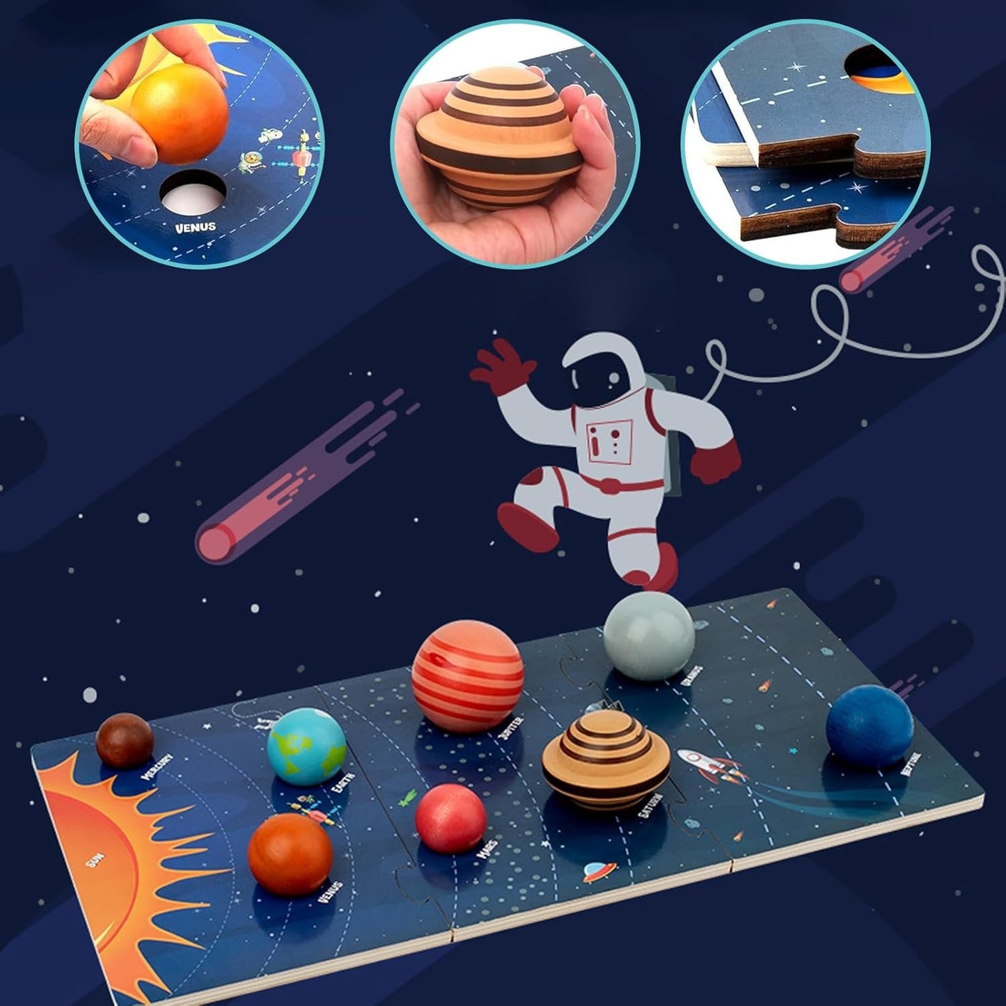 Planet Toys Montessori Wooden Solar System Model, Educational Toys for Kids 3-5, Preschool Learning Puzzle, Space Learning Toy, Planets for Kids
