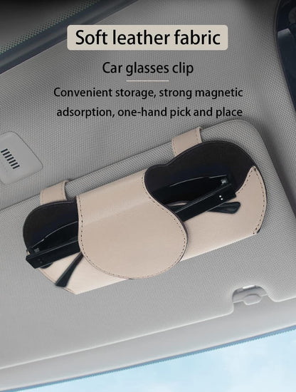 HABONG Leather Car Glasses Holder, Car Visor Leather Glasses Case with Magnetic Clip, Car Interior Visor Accessories, Visor Accessories Glasses Holder Glasses Organizer (Beige)