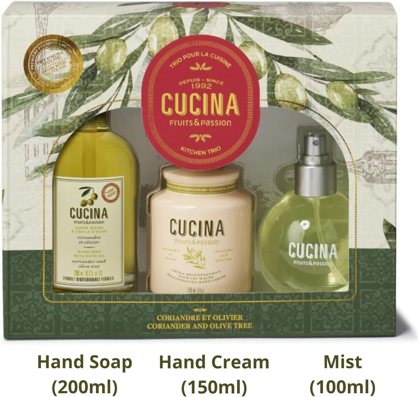 Fruits & Passion Cucina Kitchen Trio Holiday Gift Set - Hand Soap, Regenerating Hand Cream, and Fragrant Kitchen Mist with Olive Oil - 200ml, 150ml, 100ml - Festive Nourishment for Your Kitchen