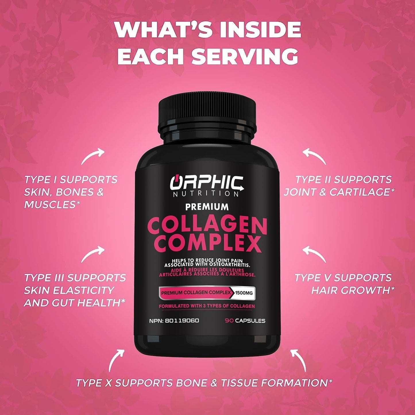 ORPHIC NUTRITION Premium Collagen Peptides Capsules 1800mg - Types I, II, III, V, X - Supports Digestive Health* - Helps Maintain Strong Joints, Tendons, Ligaments and Muscles* - 90 Caps