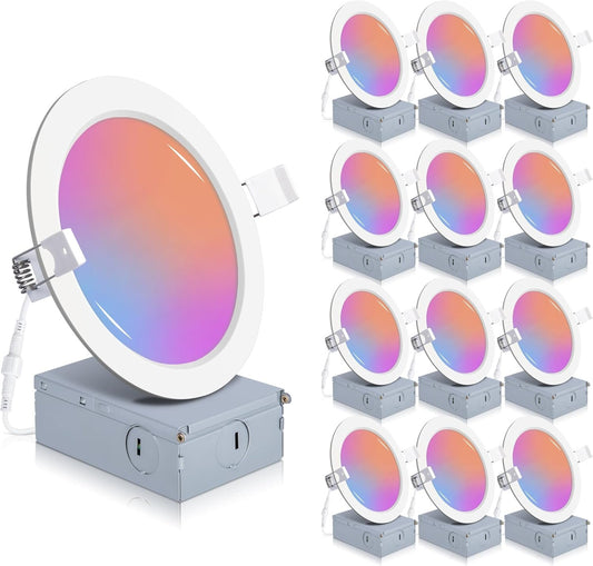 12 Pack Smart Recessed Lighting 6 Inch, 6 Inch LED Recessed Lights 12W 1200LM, Smart Downlight with Junction Box Compatible with Alexa/Google Assistant and Siri - ETL and Energy Star Certified