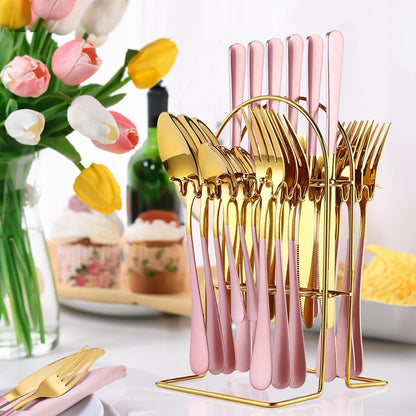 24 Piece Flatware Set, Stainless Steel Cutlery Set with Silverware Holder, Spoons, Forks, and Knives, Utensil Set Service for 6, Gold Mirror Polished and Matte Pink Painted (Pink)