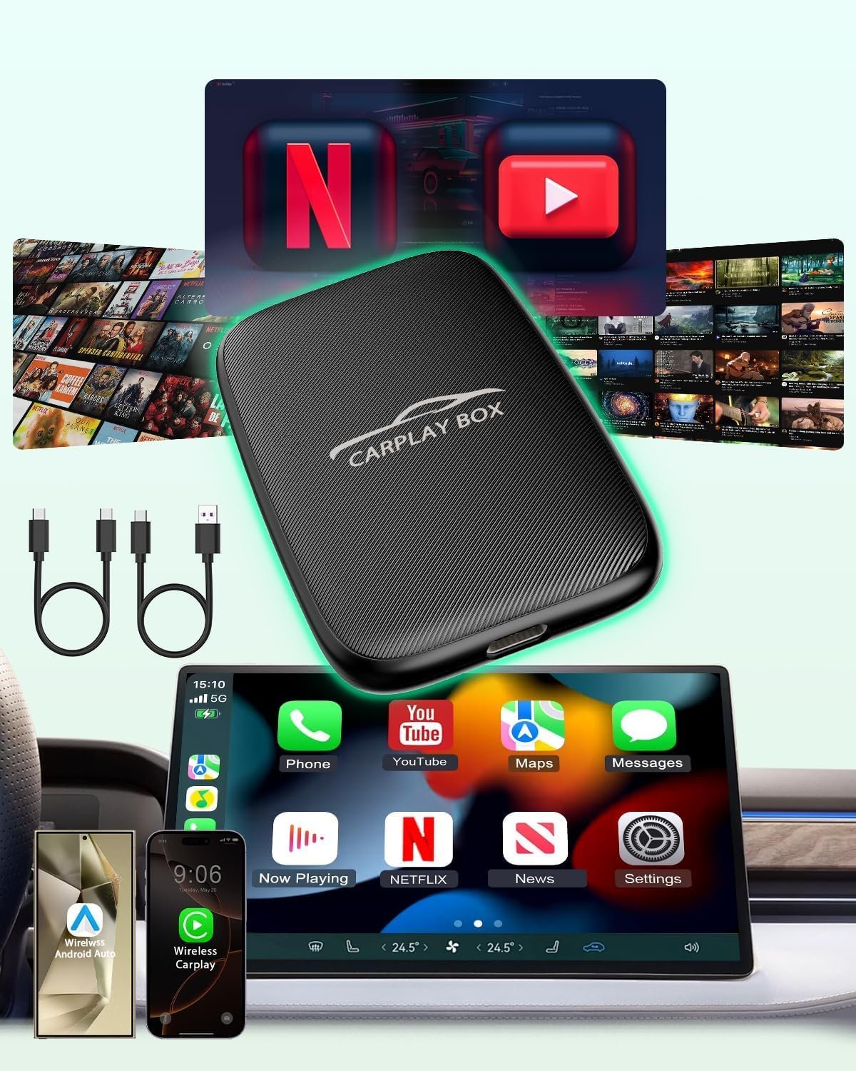 MTAKYI Wireless CarPlay Adapter Support Netflix YouTube, Android Auto Wireless Adapter for Factory Wired CarPlay Cars, 2 in 1 Magic AI Box with 5.8GHz WiFi, TF Card, Plug and Play for iPhone/Android