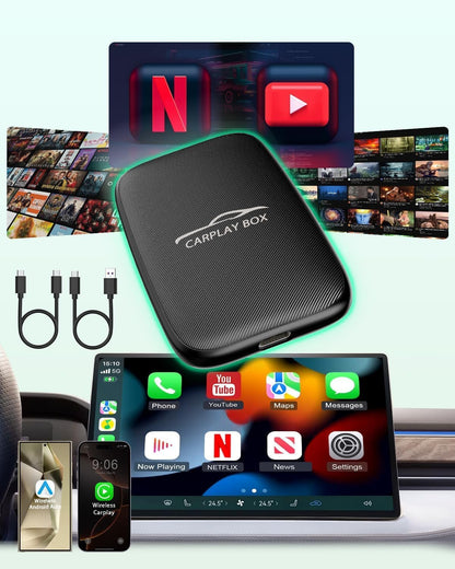 MTAKYI Wireless CarPlay Adapter Support Netflix YouTube, Android Auto Wireless Adapter for Factory Wired CarPlay Cars, 2 in 1 Magic AI Box with 5.8GHz WiFi, TF Card, Plug and Play for iPhone/Android