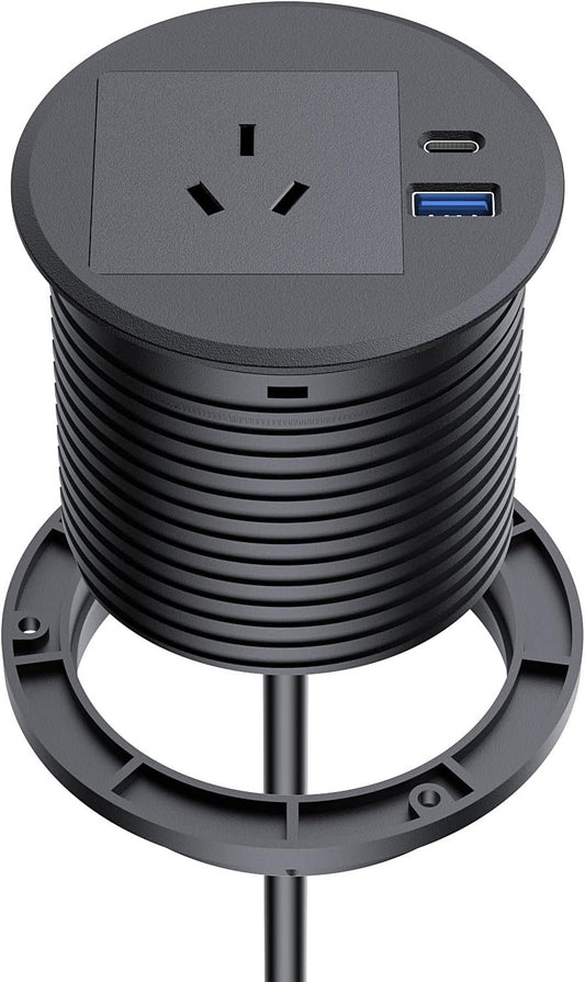 Desk Power Grommet, Haylink Recessed Power Board 80mm Hole Grommet with AC Outlets, PD 20W USB A+C Ports, 2M Cable, Furniture Power Board for Home Office Workshop, Black