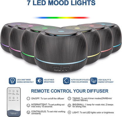 300ml Aroma Essential Oil Diffuser,8 Hours Wood Grain Cool Mist Aromatherapy Diffuser with Remote Control,USB-C Power Cable,Timer, 7 Color Light Changing Air Humidifier for Home,Office