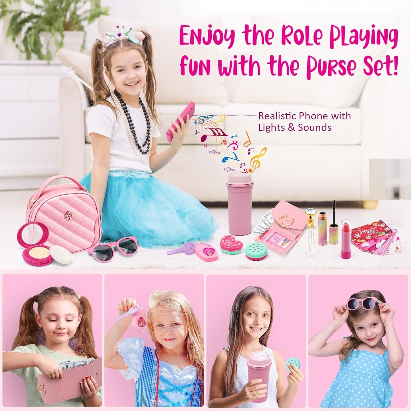 Kids Pretend Play Little Girl Purse Accessories, Princess Toy Cell Phone w/ Light & Sound, Fake Makeup, Wallet, Keys, Credit Card, Play Water Bottle Valentine Birthday Gift Toys for Girls