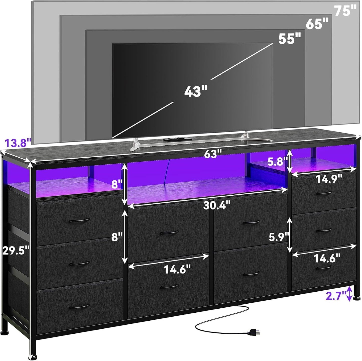 TV Stand with 10 Fabric Drawers for 65 70 75 Inches TV, 63" W Entertainment Center TV Console Table with LED Lights & Power Outlets & Open Storage Shelves