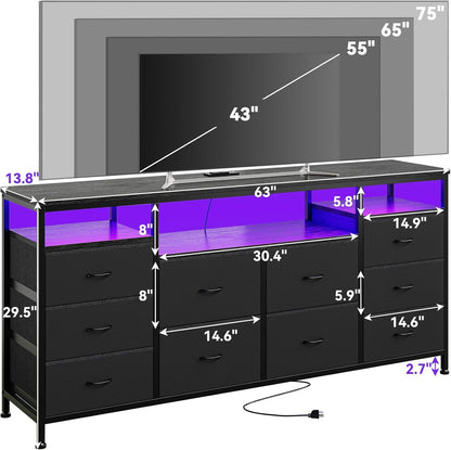 TV Stand with 10 Fabric Drawers for 65 70 75 Inches TV, 63" W Entertainment Center TV Console Table with LED Lights & Power Outlets & Open Storage Shelves