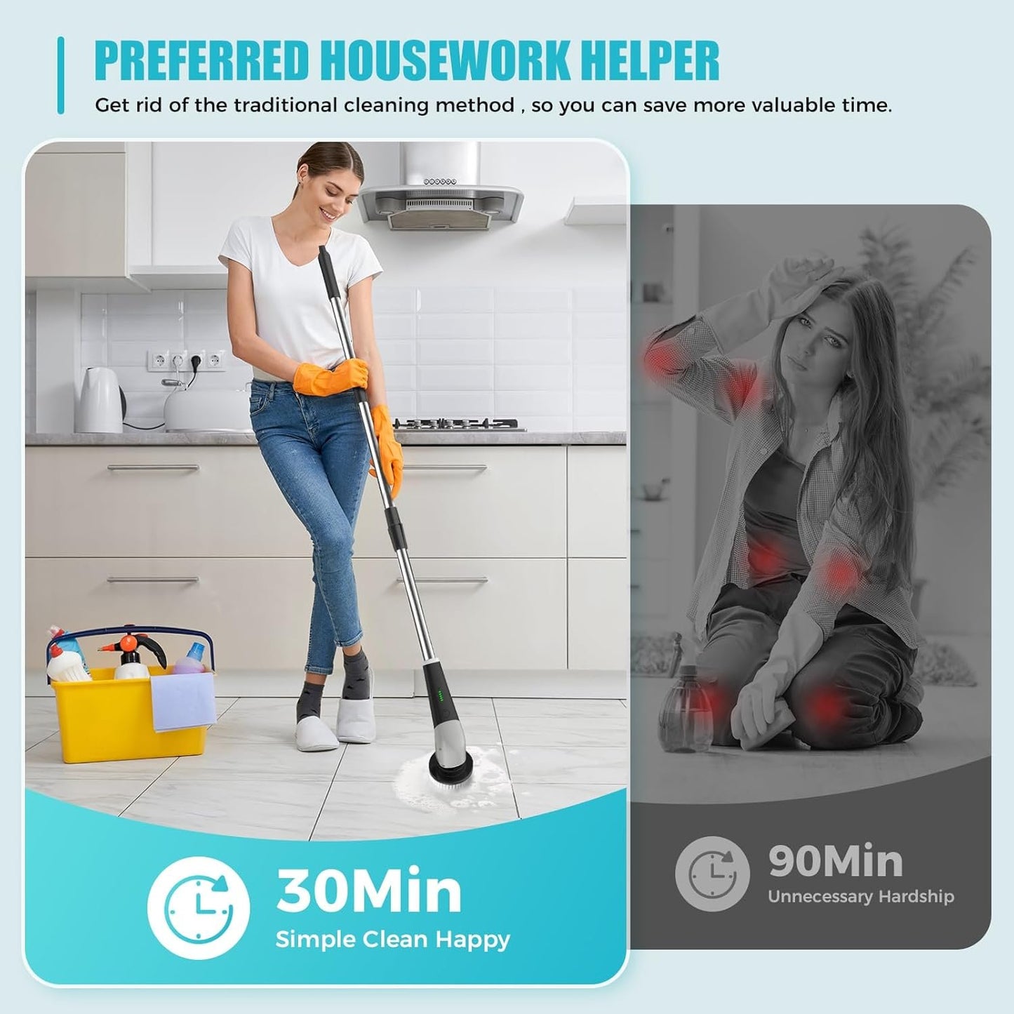 YKYI Electric Spin Scrubber,Bathroom Cleaning Brush, Electric Cleaning Brush with 8 Replaceable Brush Heads,2-Speed Shower Cleaner Brush with Long Handle for Bathroom, Tub, Kitchen, Window