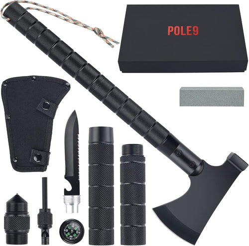 POLE9 Survival Axe 11-in-1 Multitool Axe - Outdoor Axe with 11 Functions of Camping Axe, Flint, Knife, Whetstone, Saw, Hammer and Many More - Optimal Survival Tool