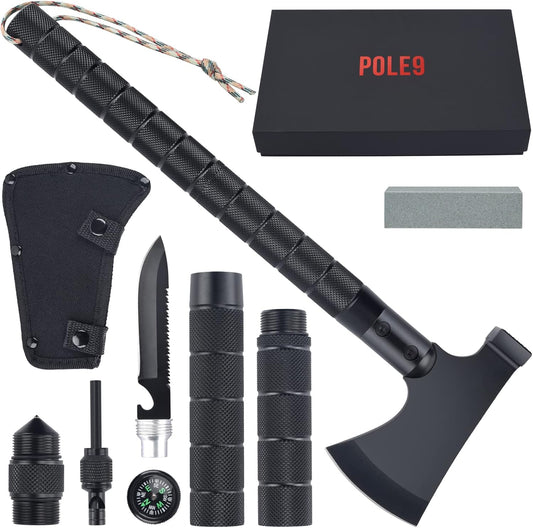 POLE9 Survival Axe 11-in-1 Multitool Axe - Outdoor Axe with 11 Functions of Camping Axe, Flint, Knife, Whetstone, Saw, Hammer and Many More - Optimal Survival Tool