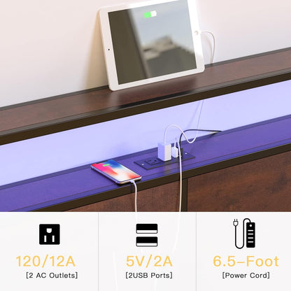 HAUSOURCE Queen Bed Frame with Storage Headboard Bed Frame Queen Size Metal Platform Bed with LED Lights USB Ports & Outlets Non-Slip Without Noise Strong Metal Slats Support No Box Spring Needed