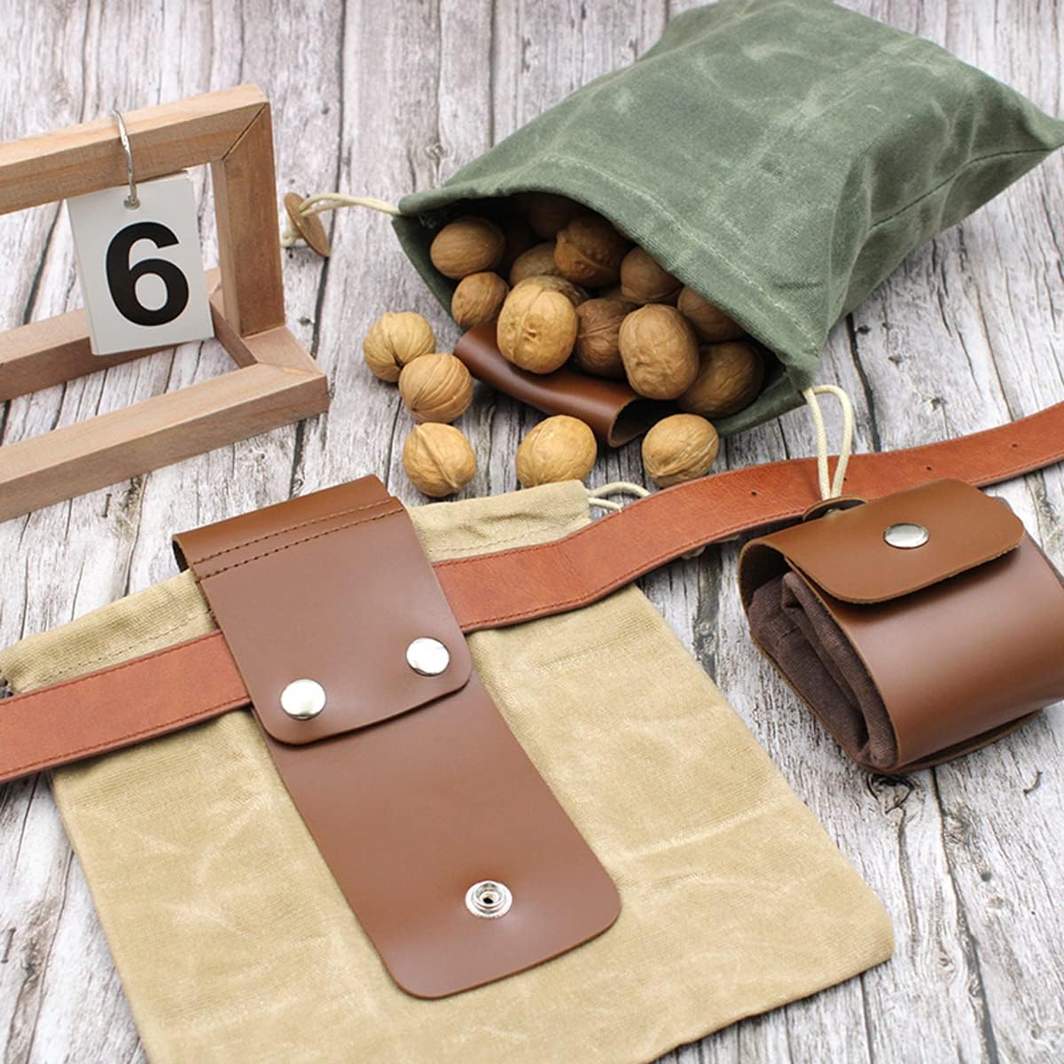 Asenie Foraging Bag Waxed Canvas Collapsible Outdoor Camping Foraging Pouch Mushroom Storage Water Resistant Leather Bushcraft Belt Tinder Dump Pouchs Brown for Travel Camping Hiking (Bag Only)