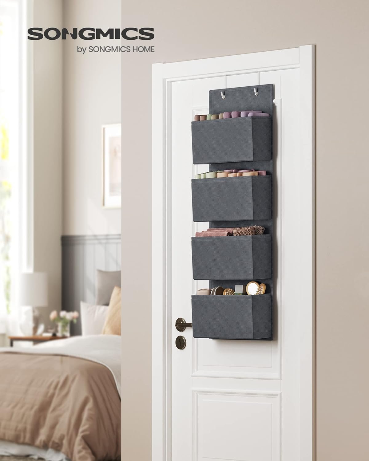 SONGMICS Over the Door Organizer, Closet Door Storage, Behind Door Hanging Storage Shelves, 4 Pockets, for Bedroom, Bathroom, Pantry, Kitchen, 4.7 x 13.2 x 39.4 Inches, Slate Gray URDH04G