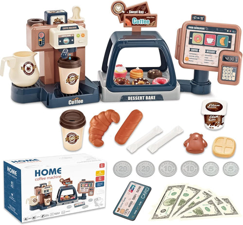 Pretend Play Coffee Maker Toy Role Play Coffee Shop Party Playset with Coffee Machine Cash Registers Toy Food Dessert Donuts Cakes Set Early Learning Funtional Toy for Kids Birthday