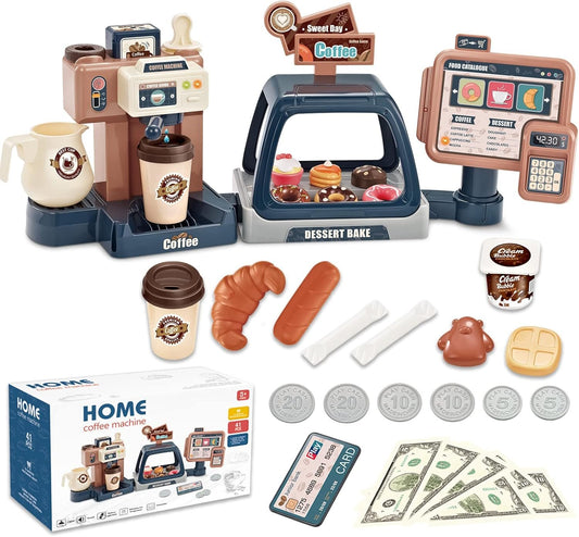 Pretend Play Coffee Maker Toy Role Play Coffee Shop Party Playset with Coffee Machine Cash Registers Toy Food Dessert Donuts Cakes Set Early Learning Funtional Toy for Kids Birthday