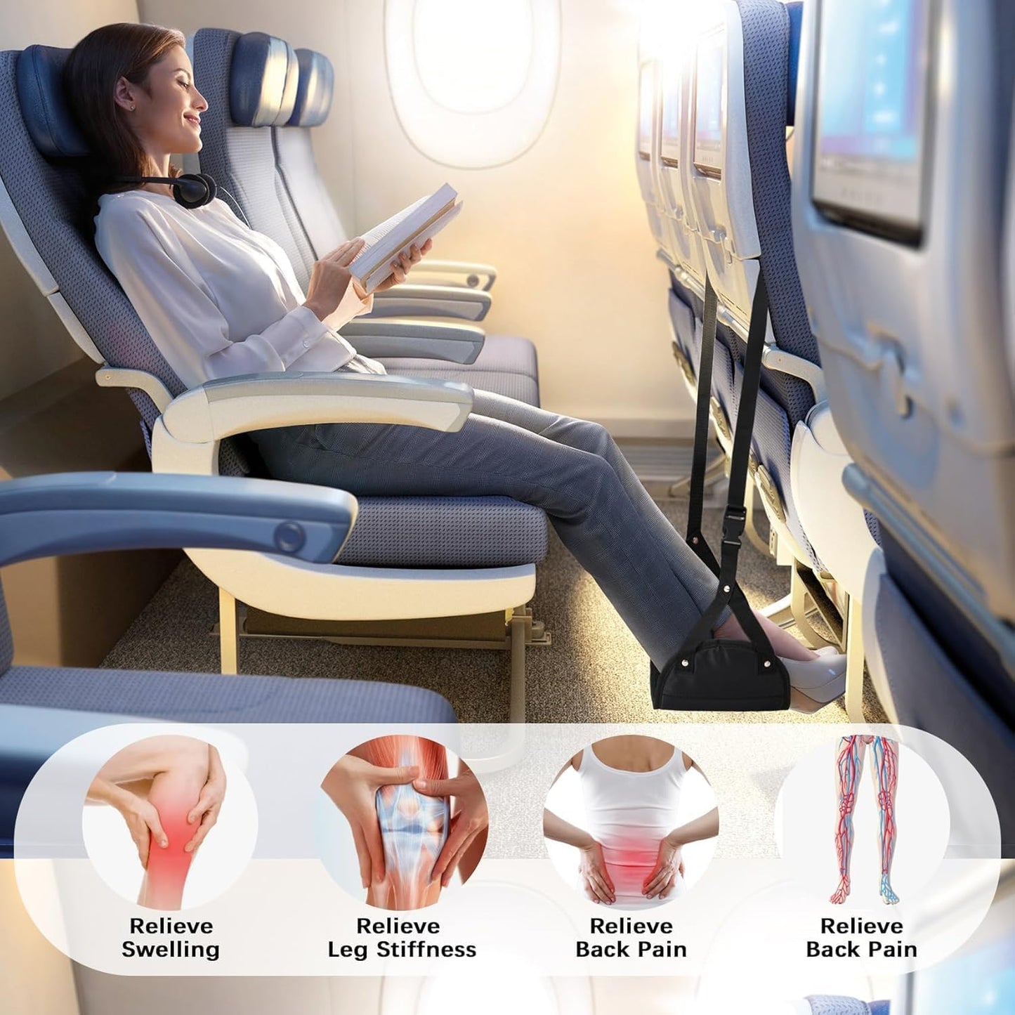 HiVing New Airplane Foot Rest,Portable Travel Footrest Flight Carry-On FootRest Adjustable Height Foot Rest Travel Accessories Footrests Hammock,Black