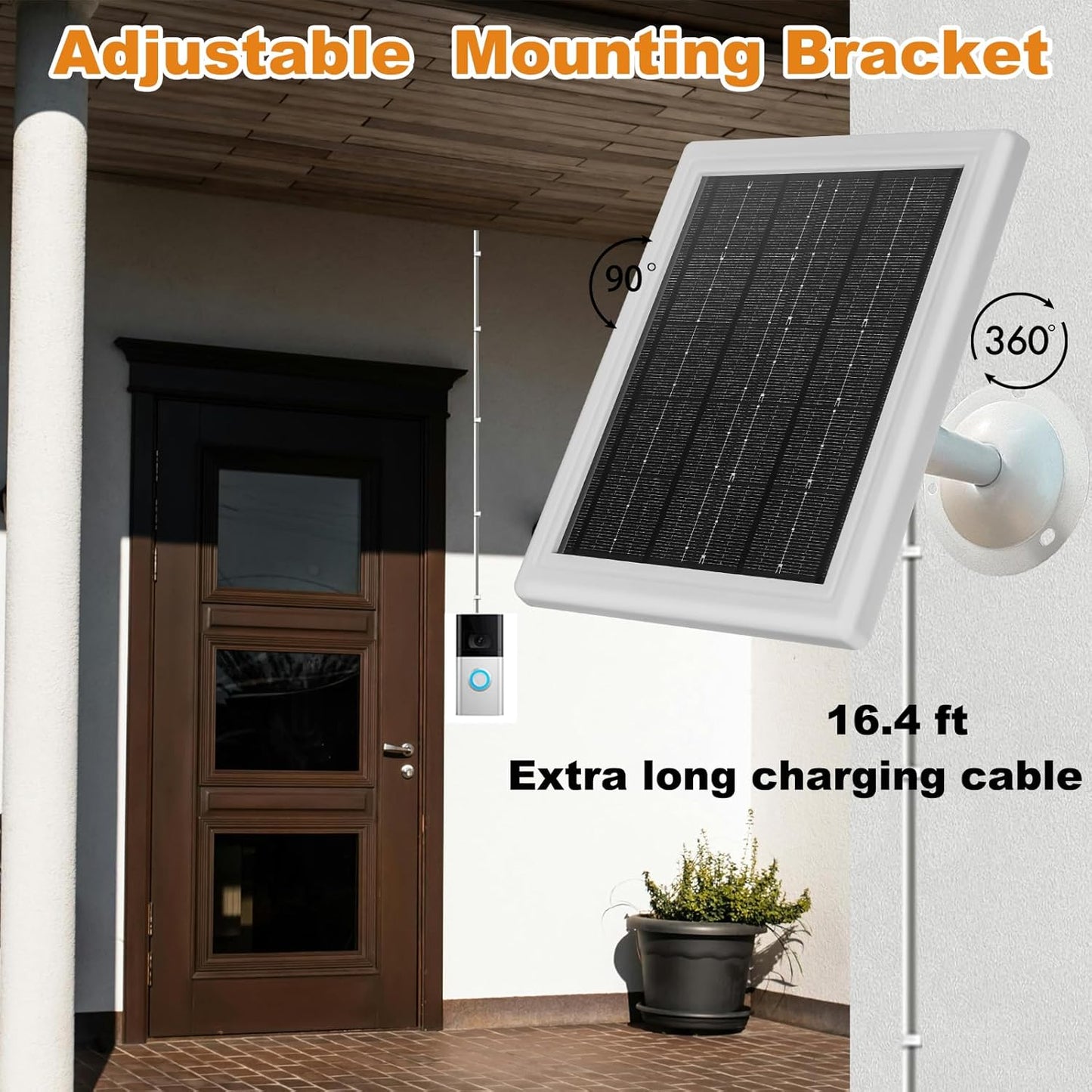 Ring Doorbell Solar Charger 5W 12VAC Compatible with Ring Video Doorbell 3/3+/4, Battery Video Doorbell Pro, 16.4ft Waterproof Charging Cable, 360°Adjustable Mount