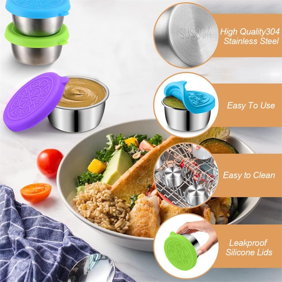 Salad Dressing Container 4Pcs Reusable Ketchup Box To Go Stainless Steel Sauce Pots Leakproof Storage Containers with Lids for Lunch Boxes Sauce Dips