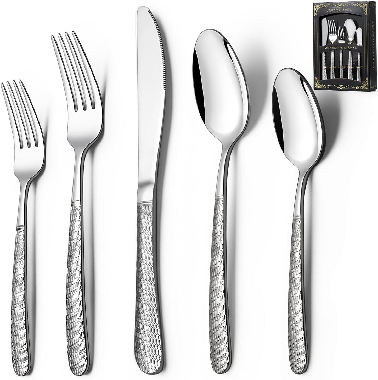 40-Piece Hammered Silverware Set, Stainless Steel Heavy Duty Flatware Set for 8, Food-Grade Tableware Cutlery Set, Utensil Sets for Home Restaurant, Mirror Finish, Dishwasher Safe