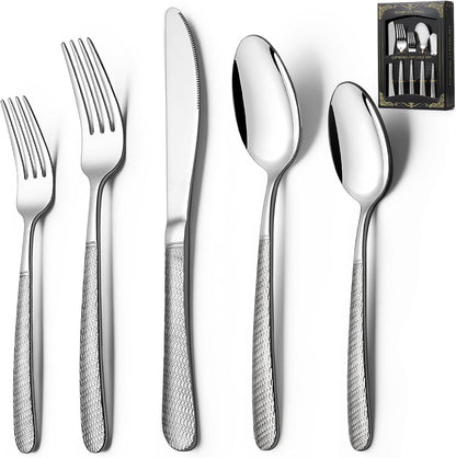 40-Piece Hammered Silverware Set, Stainless Steel Heavy Duty Flatware Set for 8, Food-Grade Tableware Cutlery Set, Utensil Sets for Home Restaurant, Mirror Finish, Dishwasher Safe