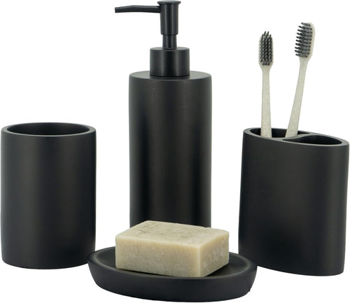 ZCCZ Bathroom Accessory Set, 4 Piece Matte Black Vanity Countertop Décor with Soap Dispenser, Toothbrush Holder, Tumbler, and Dish for Modern Home Styling and Functional Organization