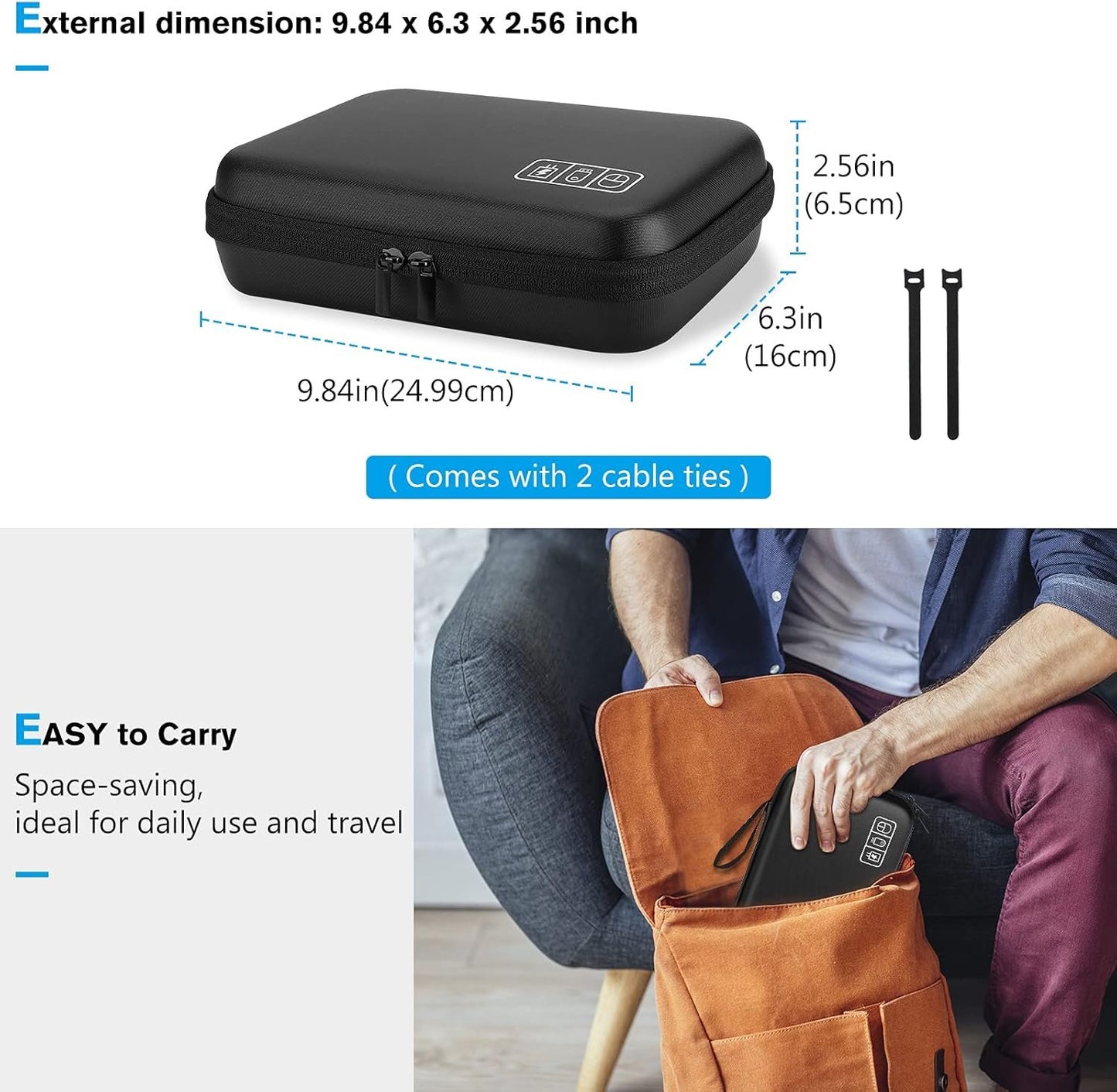 ProCase Hard Travel Electronic Organizer Case for MacBook Power Adapter Chargers Cables Power Bank Apple Magic Mouse Apple Pencil USB Flash Disk SD Card Small Portable Accessories Bag â€“Black
