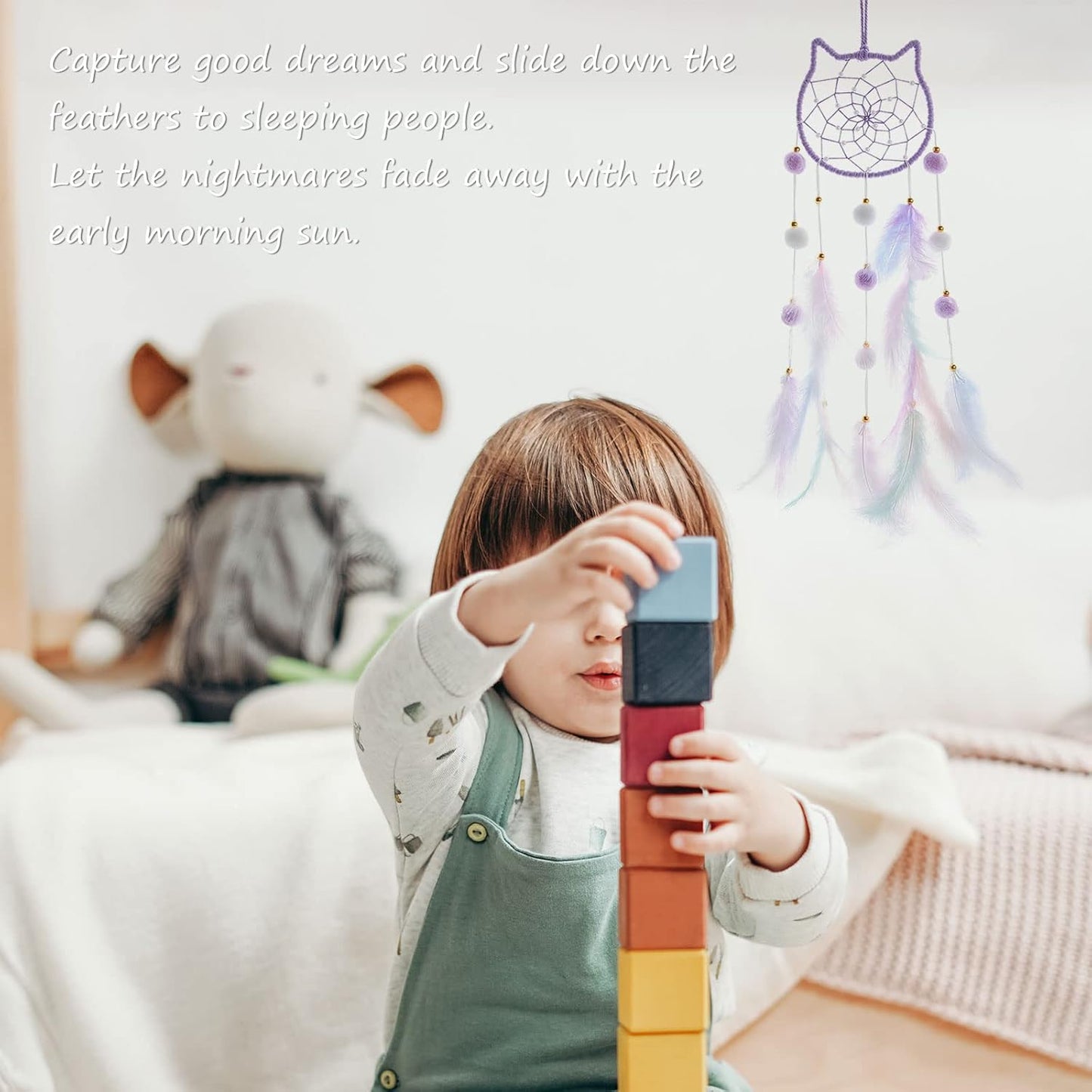 Pretty Jolly Purple Cat Kids Dream Catcher Wall Decor Pompom Feather Baby Dreamcatcher Handmade Children Dream Catcher Home Décor Wall Hanging for Nursery Bedroom Boys Girls Birthday Gift-25.6in