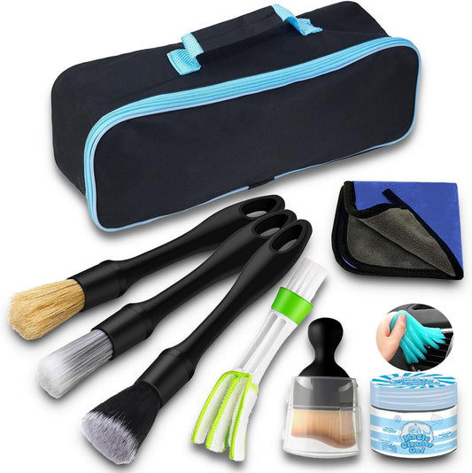 Juformin 7PCS Car Detailing Brush Set – Various Hardness Options for Brushes, Natural Cleaning Gel Included, Complete Auto Interior and Exterior Detailing Kit for Wheels, Air Vents, and Leather Seats