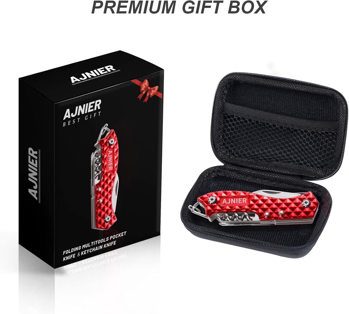 AJNIER 14 in 1 Swiss Style Folding Pocket Knife, Keychain Knife, Multitool Keychain, Army Knife, Scissors, Bottle Opener, Saw, All in One Tool for Men Women (red)