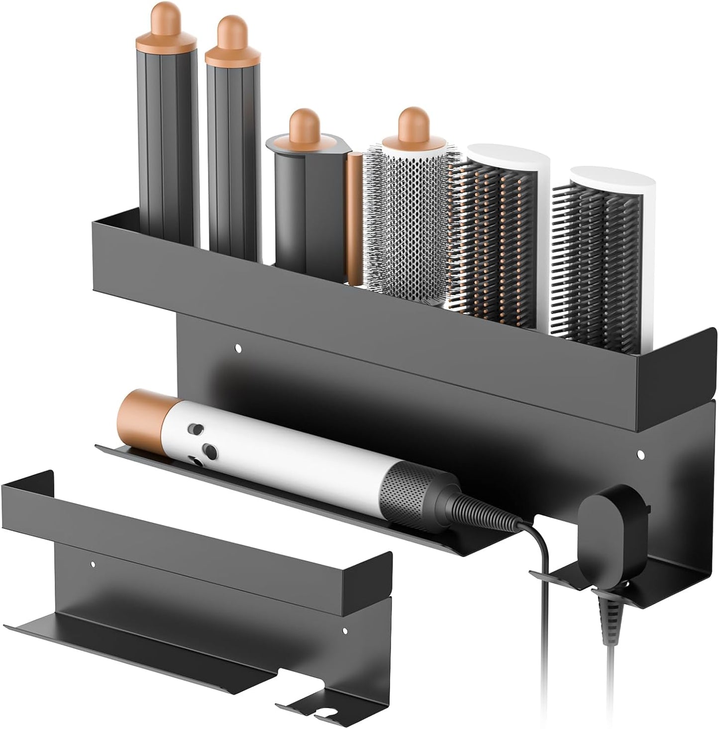 Gaethra Wall Mounted Hair Dryer Holder, 7 in 1 Strong and Rustproof Adhesive Holder, Perfect for Bathroom and Hair Care, Includes Hair Straightener Holder, Black Bathroom Hairdryer Hanger