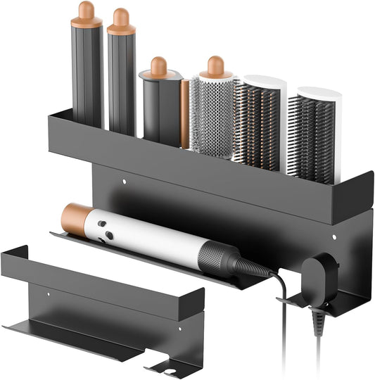 Gaethra Wall Mounted Hair Dryer Holder, 7 in 1 Strong and Rustproof Adhesive Holder, Perfect for Bathroom and Hair Care, Includes Hair Straightener Holder, Black Bathroom Hairdryer Hanger