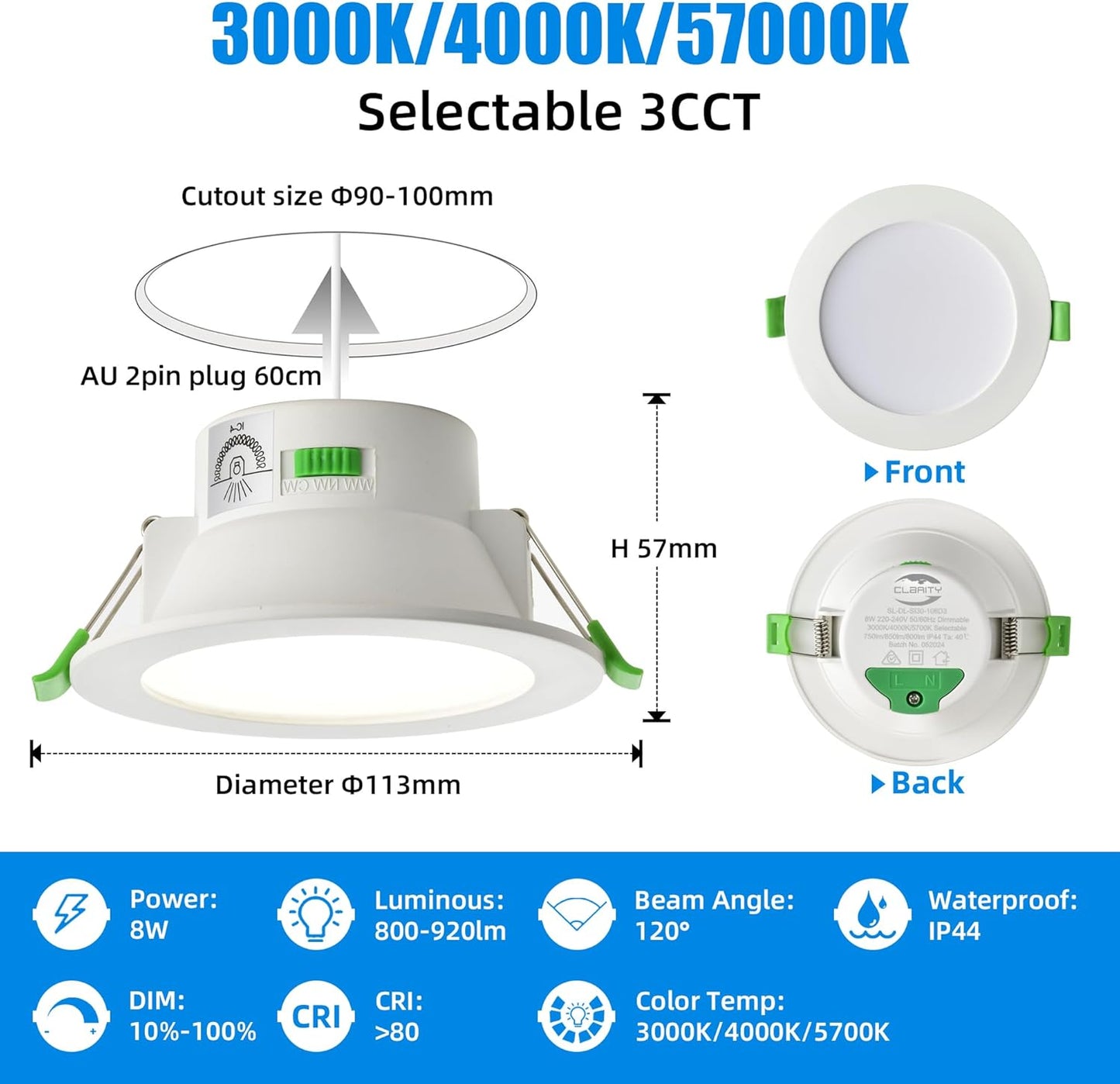LED Ceiling Downlight kit, Super High Efficiency 8W 950 Lumen, CCT Dimmable, IP44, 3 Lighting Colours, 3000K/4000K/5700K, 90mm Cutout, White, Pack of 10, AU Plug