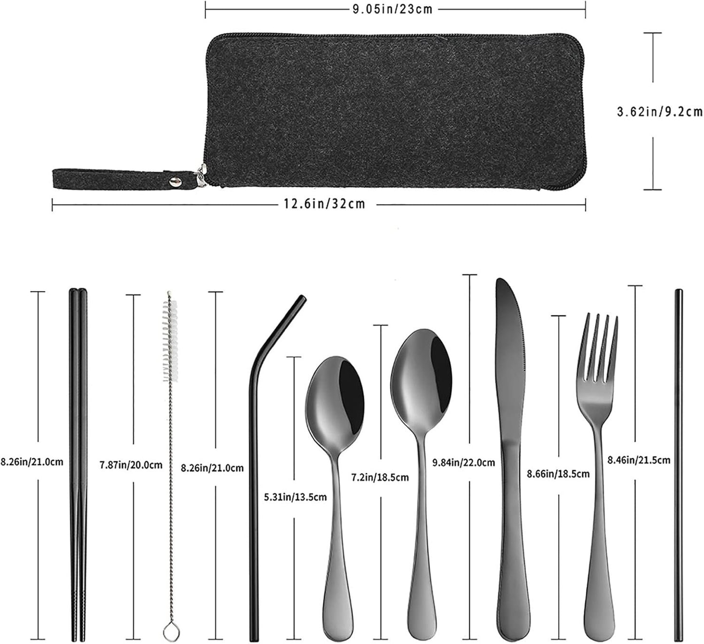 Portable Travel Utensils, Reusable Silverware with Case for Fixing Tableware, 9 Pieces Stainless Steel Stable Flatware Set, Camping Picnic Cutlery Set (Black Set)