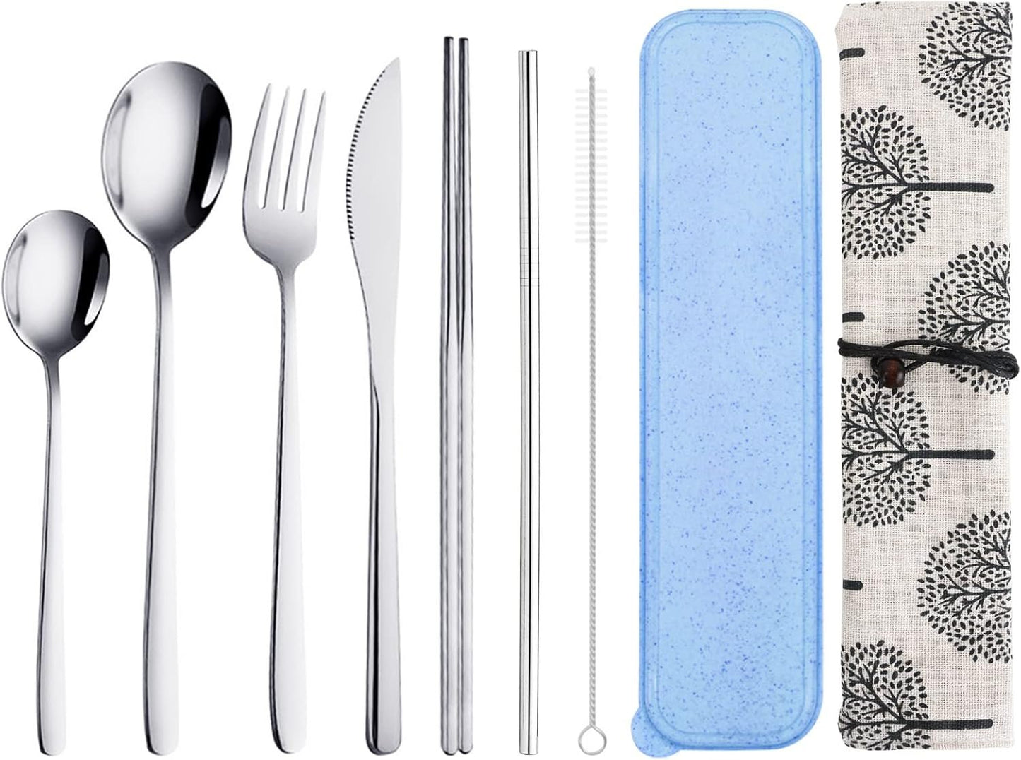 9 Pcs Portable Travel Utensils Set, Stainless Steel Reusable Flatware Set, Cutlery Set with Knife Fork Spoon Chopsticks Cleaning Brush Straws Case Set for Camping, Picnic, Office, School (Silver)