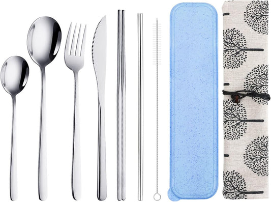9 Pcs Portable Travel Utensils Set, Stainless Steel Reusable Flatware Set, Cutlery Set with Knife Fork Spoon Chopsticks Cleaning Brush Straws Case Set for Camping, Picnic, Office, School (Silver)