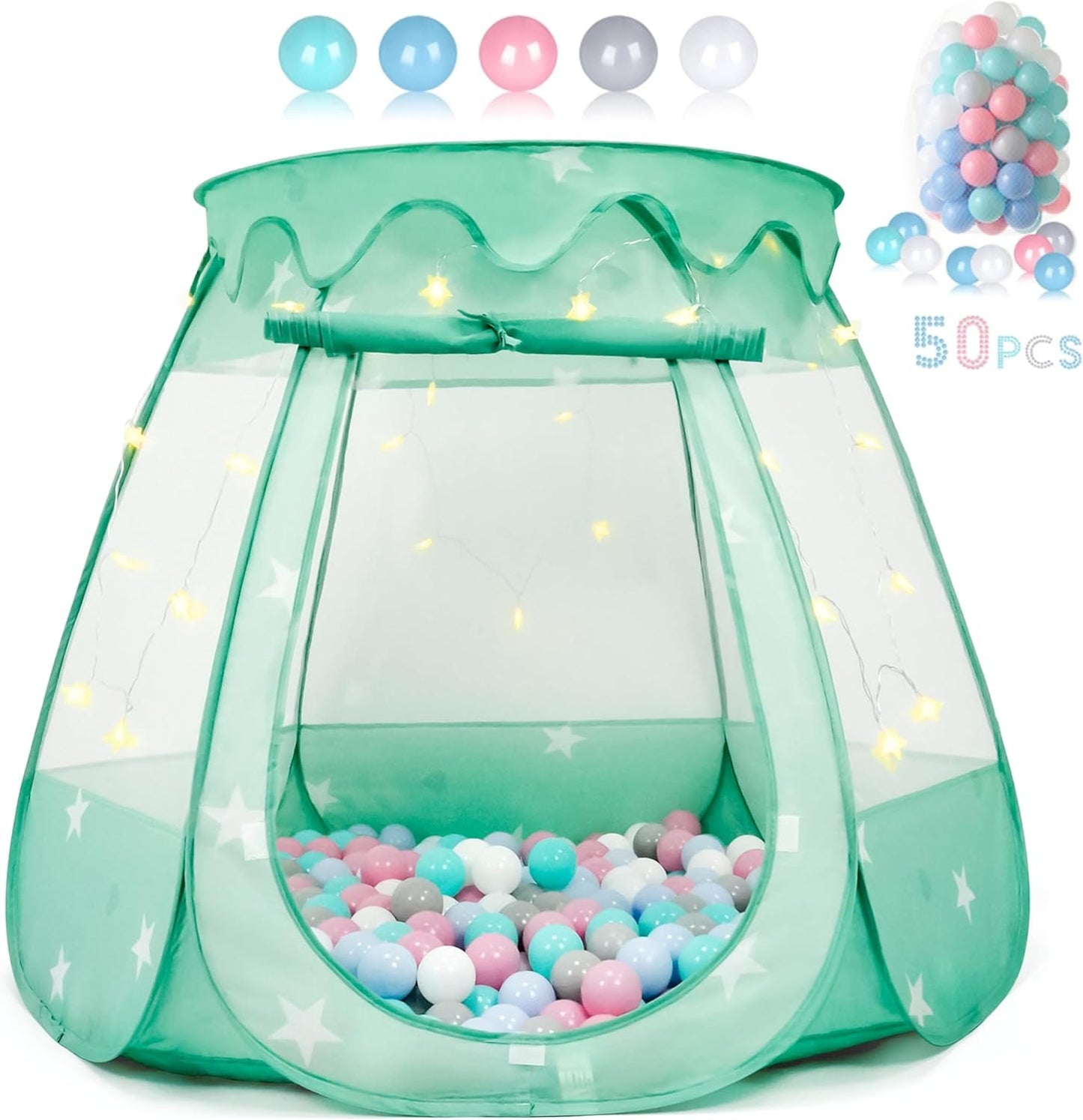 Baby Ball Pit for Toddler with 50 Balls, Pop Up Princess Tent with Star Lights for 1 2 3 Year Old Birthday Gift, 12-18 Months Baby Girl Toys with Carrying Bag, Indoor&Outdoor Play Tent for Kids(Green)