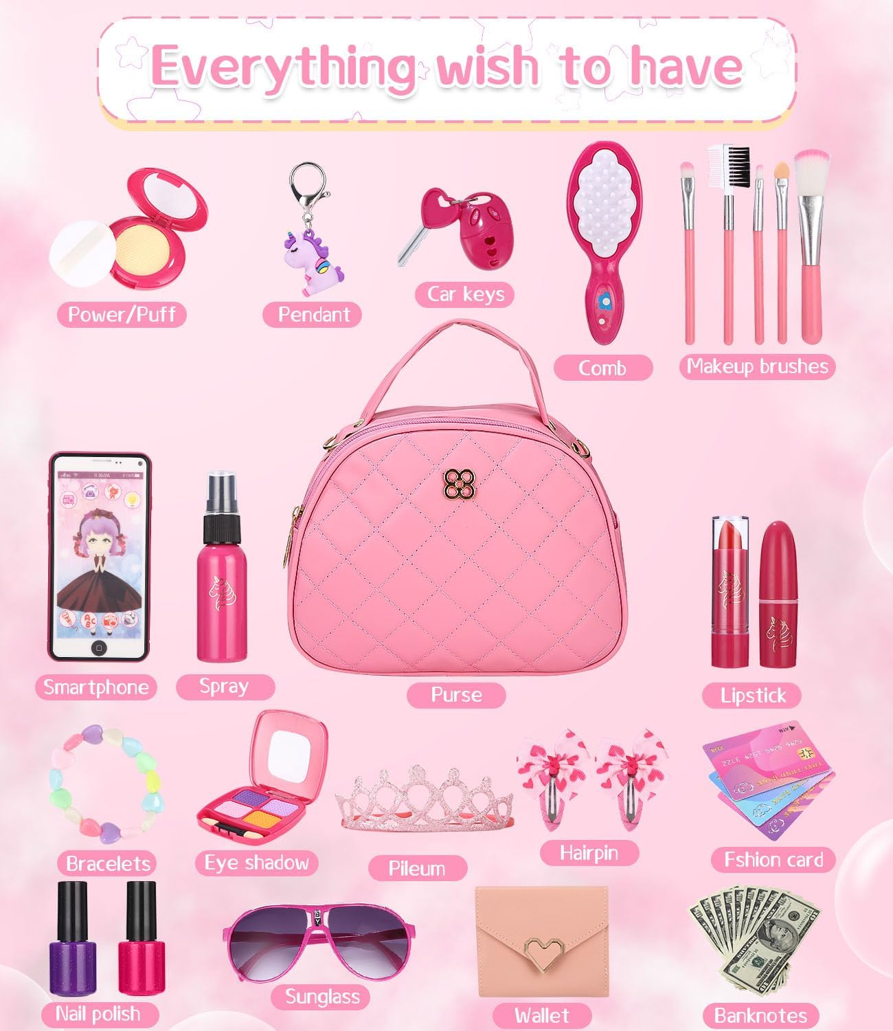 Zaxiva 32 Pieces Girl Bag Toy Accessories with Fake Makeup, Wallet, Phone with Light and Music – Christmas Gifts for Games 3 Years