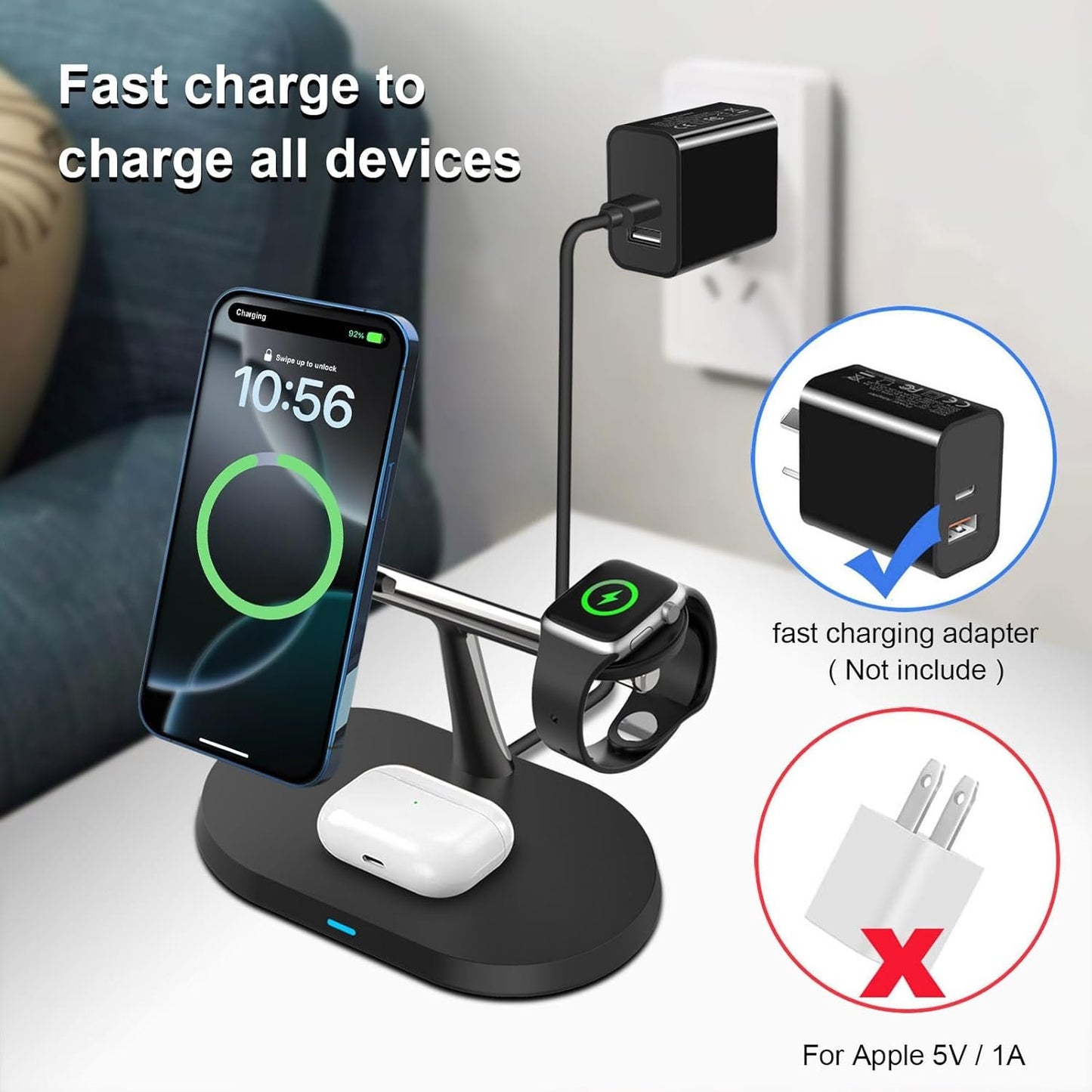 VNBBT 3 in 1 Wireless Charger, 15W Fast Magnetic Wireless Charging Stand Compatible Mag-Safe Charging for iPhone 16/15/14/13/12 Pro Max Series,AirPods,Apple Watch Series 10/9/8/7/6/SE/5/4/3/Ultra 2
