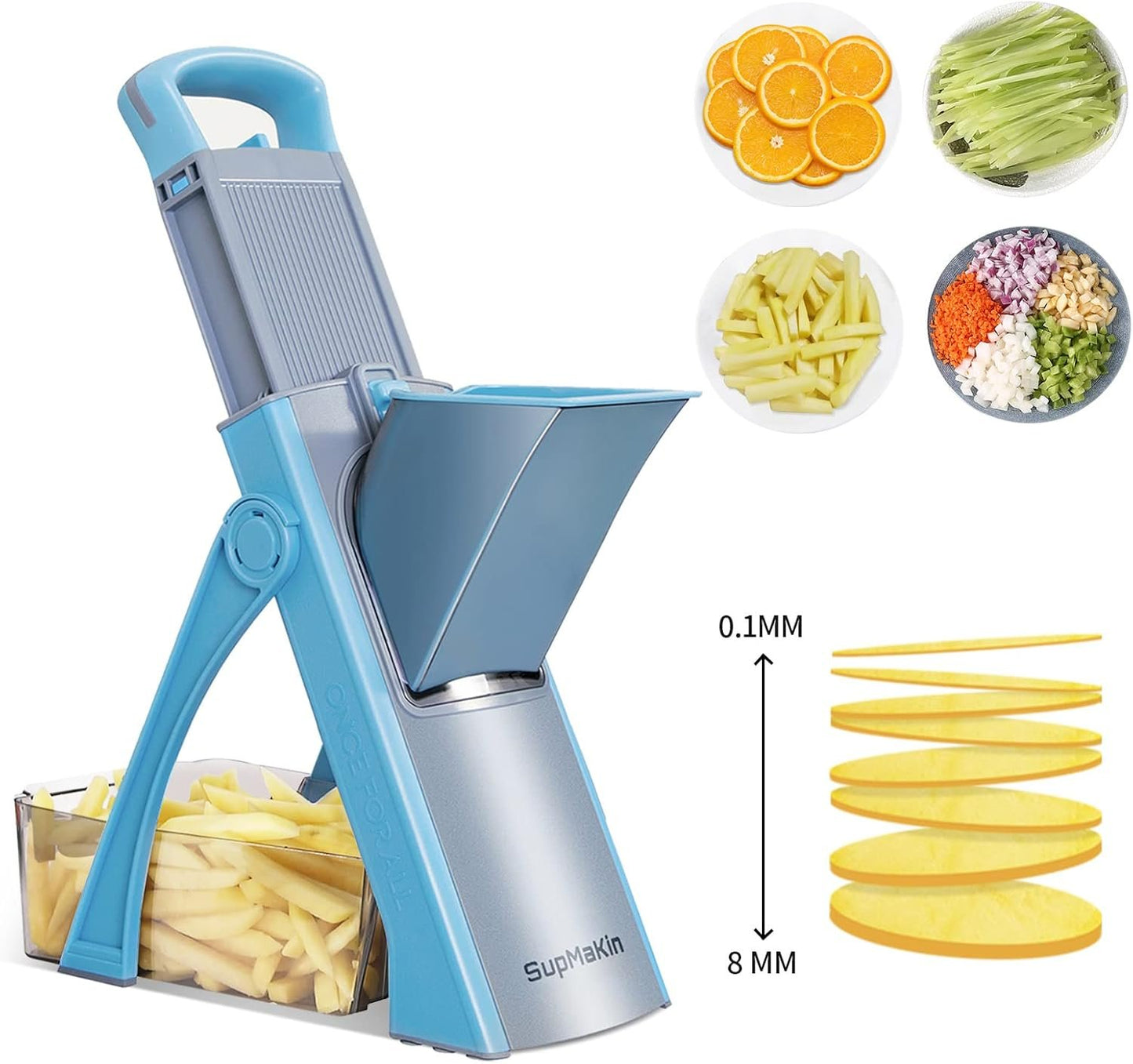 SUPMAKIN Safe Mandoline Slicer, Adjustable Thickness Potato Slicer Vegetable Chopper, Multi Slicer, Julienne + Dicer Kitchen Chopping Artifact (Blue)