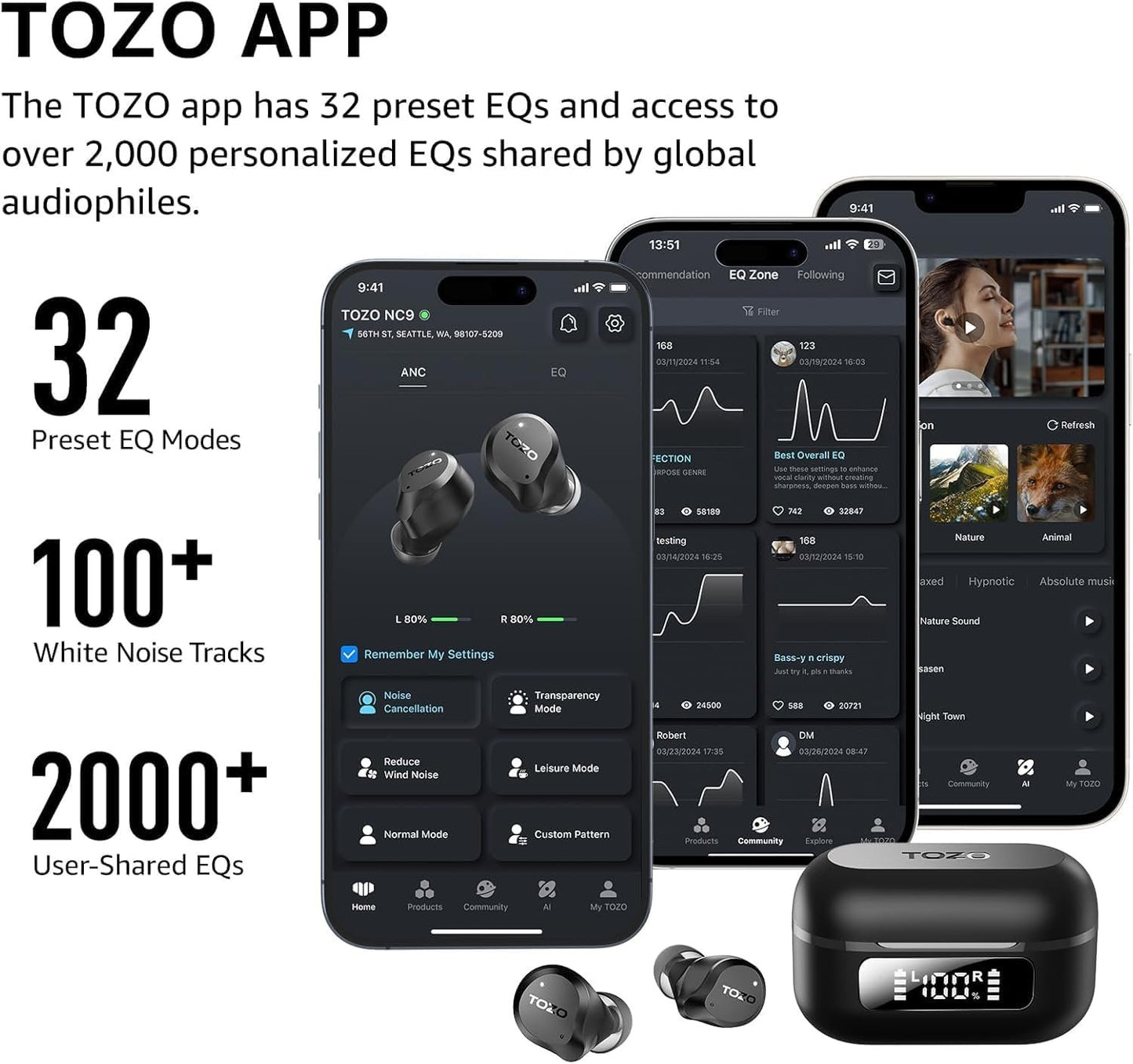 TOZO New Hybrid Active Noise Cancelling Wireless Earbuds, 6 Mics ENC Clear Call, IPX8 Waterproof, in Ear Bluetooth 5.3 Headphones Stereo Bass Heasets 59H Playtime with LED Display 32 EQs via APP