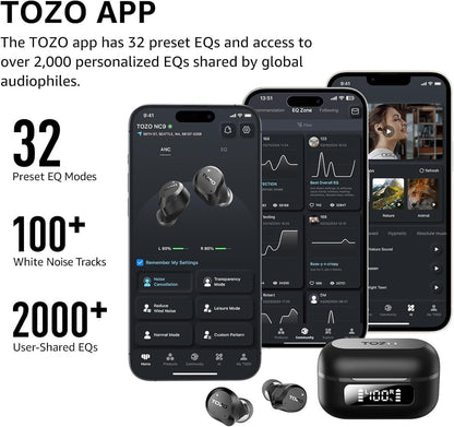 TOZO New Hybrid Active Noise Cancelling Wireless Earbuds, 6 Mics ENC Clear Call, IPX8 Waterproof, in Ear Bluetooth 5.3 Headphones Stereo Bass Heasets 59H Playtime with LED Display 32 EQs via APP