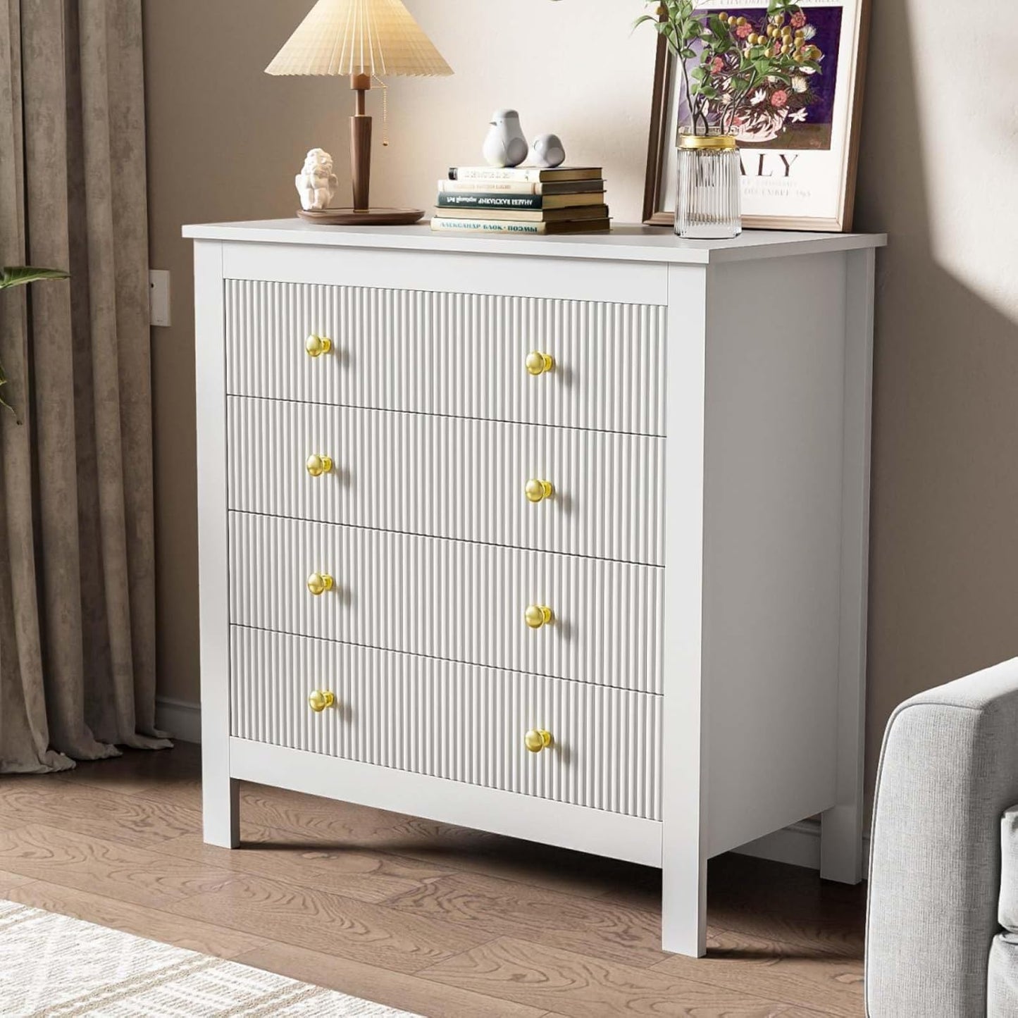 KOMHTOM Chest of Drawers for Living Room Bedroom White with 5 Drawers Wardrobe with Gold Handles Living Room Kitchen Bedroom Furniture White