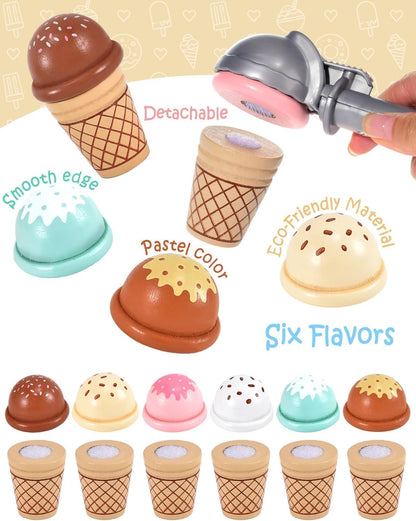 Wooden Ice Cream Toys Kids Pretend Play Store Toys for Toddlers Girls 3-5, Play Kitchen Accessories with Counter & Menu, Wooden Food Christmas Birthday Gifts for 3 4 5 Year Old Girls Boys