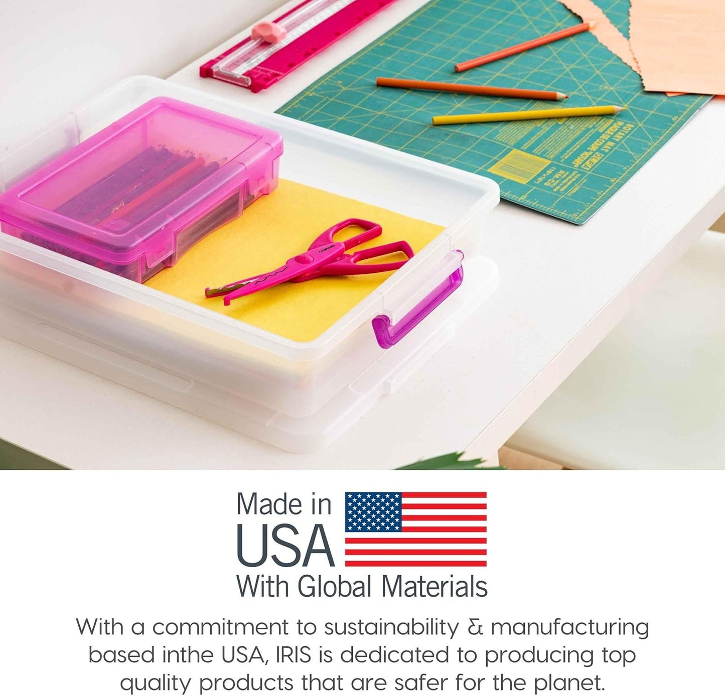 IRIS USA 5.7L (6 US Qt) Medium Plastic Storage Bins with Secure Buckles and Portable Handle, 6-Pack, Organizer Container Box for Stationery Craft Beauty and Household Supplies, Clear/Violet